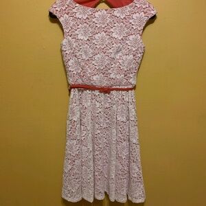 Maggy London Cap Sleeve White Lace & Dark Pink Belted Dress Size 2